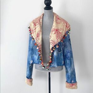 Blue Distressed Denim Print Reversible Jacket Sz M Embroidered Lining Pom-Pom